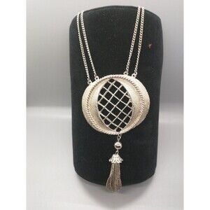 Brutalist silver tone mod necklace 60s vintage statement pendant w Tassle